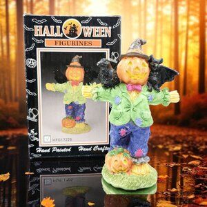 Vintage Halloween Scarecrow Figurine 1970s Crow Pumpkin Fall Autumn FHW w/ Box